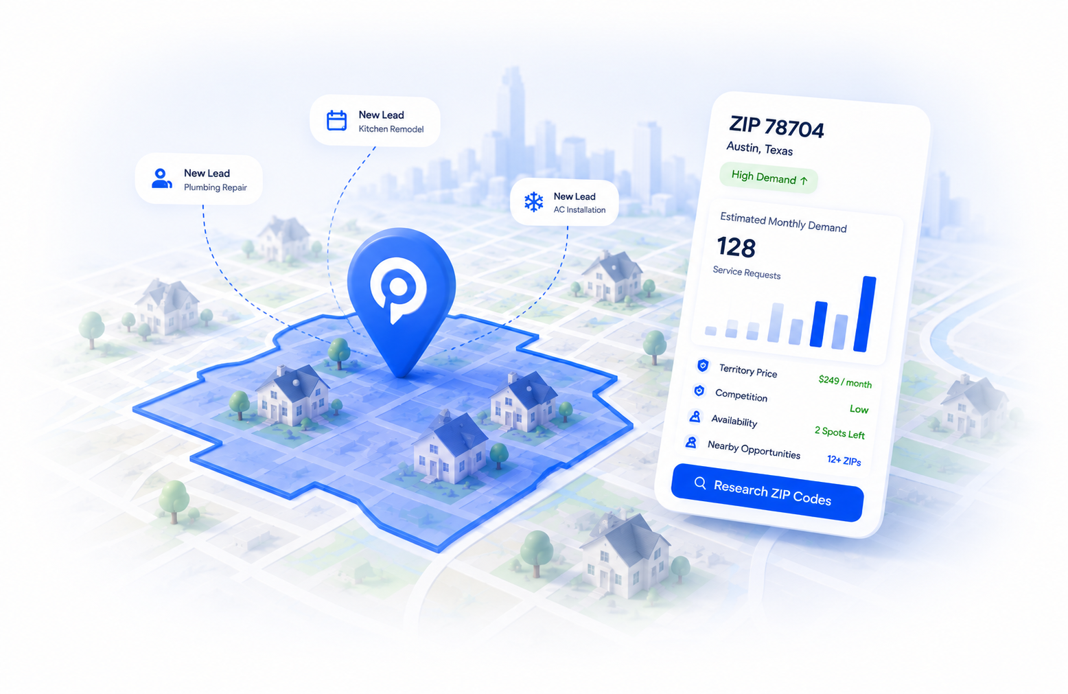 3D map visualization of ZIP territories with homeowner leads routed to a contractor